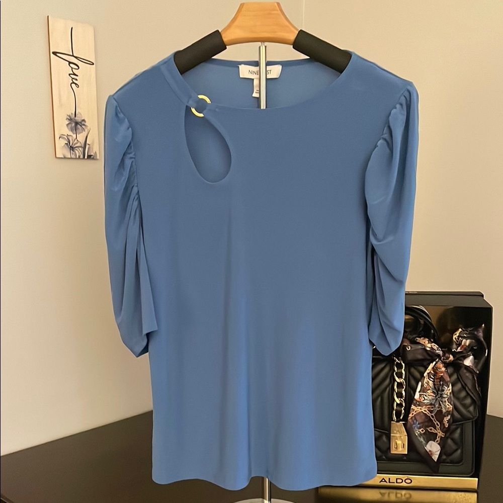 Nine West Blue Top With Cutout Neckline and Ruch Sleeve Detail